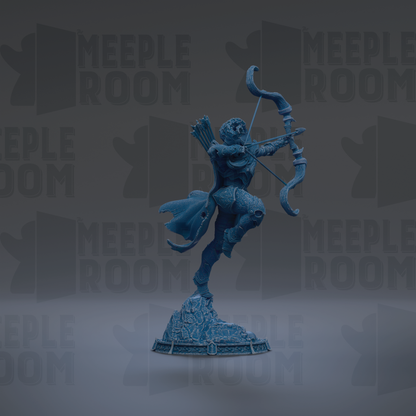 A blue statue of a figure holding a bow and arrow, standing on a pedestal.