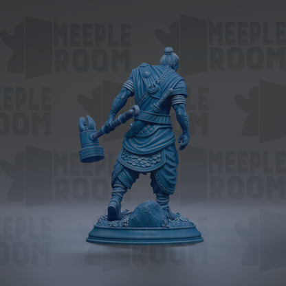 A blue statue of a warrior figure holding a weapon, standing on a pedestal against a dark background with repeated text.