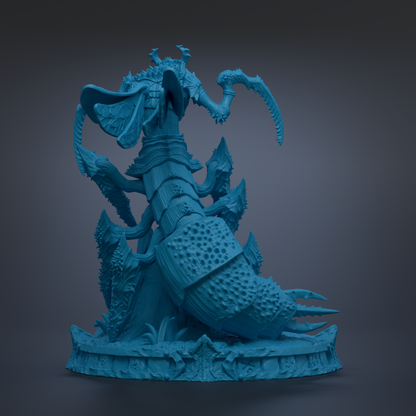 A detailed 3D rendering of a fantastical creature, possibly a dragon or serpent, with intricate textures and patterns. The creature appears to be a large, imposing figure with sharp teeth and claws, standing on a base or pedestal. The image does not contain any text or other discernible objects, and the creature is the sole focus of the image.