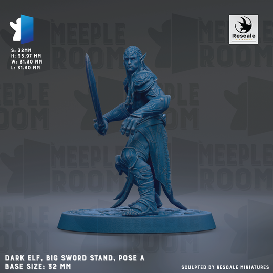 a dark elf statue holding a big sword, standing on a blue base.