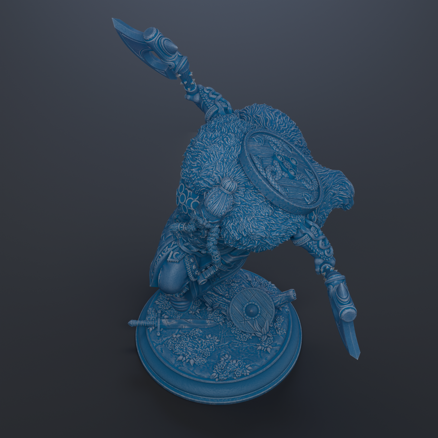 A detailed 3D rendering of a blue, fantastical creature with intricate, ornate details and weapons, set against a dark background.