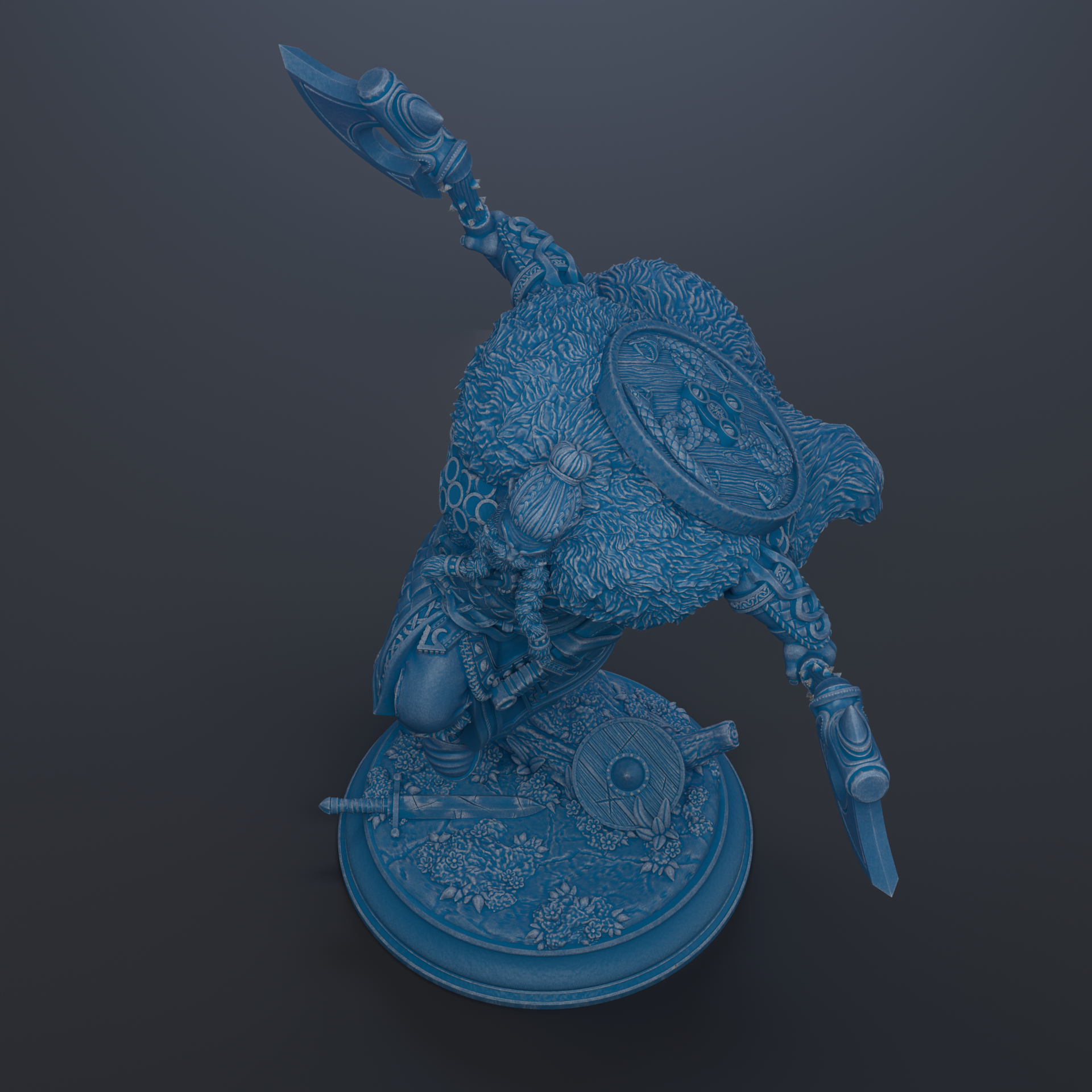 A detailed 3D rendering of a blue, fantastical creature with intricate, ornate details and weapons, set against a dark background.