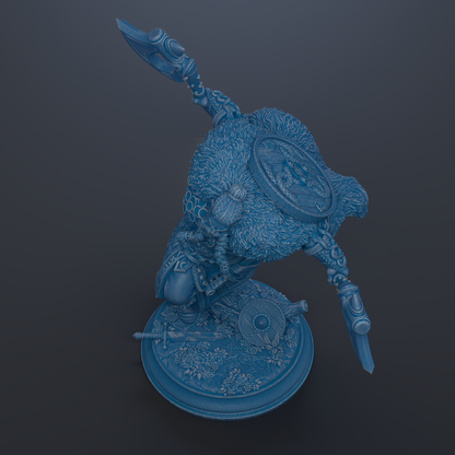 A detailed 3D rendering of a blue, fantastical creature with intricate, ornate details and weapons, set against a dark background.