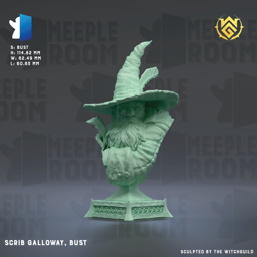 The image is a bust of a wizard, specifically a wizard with a long beard and a pointed hat, displayed on a pedestal. The background of the image is a dark gray color, and there is text and logos related to the wizard and the room.