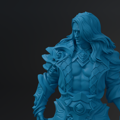 A 3D rendering of a blue-colored statue depicting a muscular, armored figure with long hair.