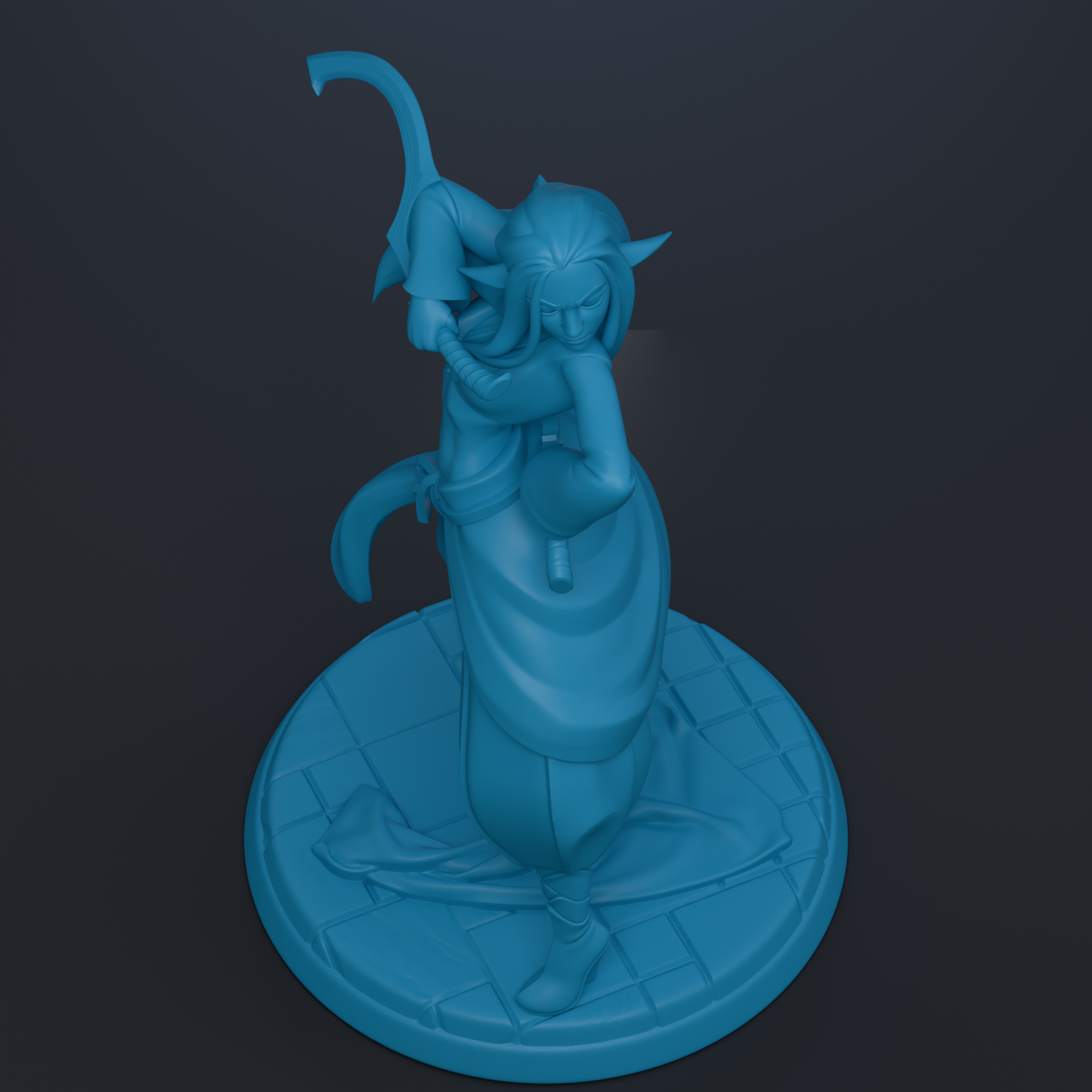 A 3D rendering of a blue statue of a person with a sword, standing on a platform.