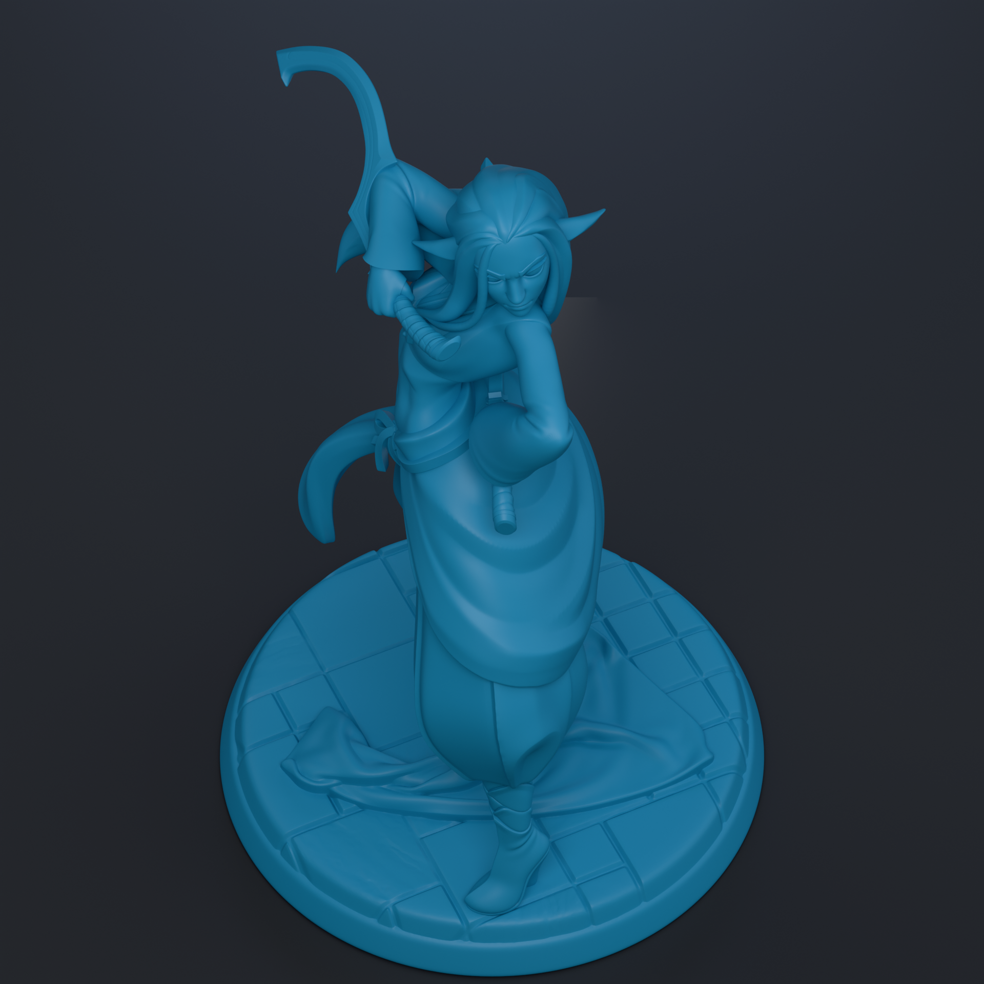 A 3D rendering of a blue statue of a person with a sword, standing on a platform.