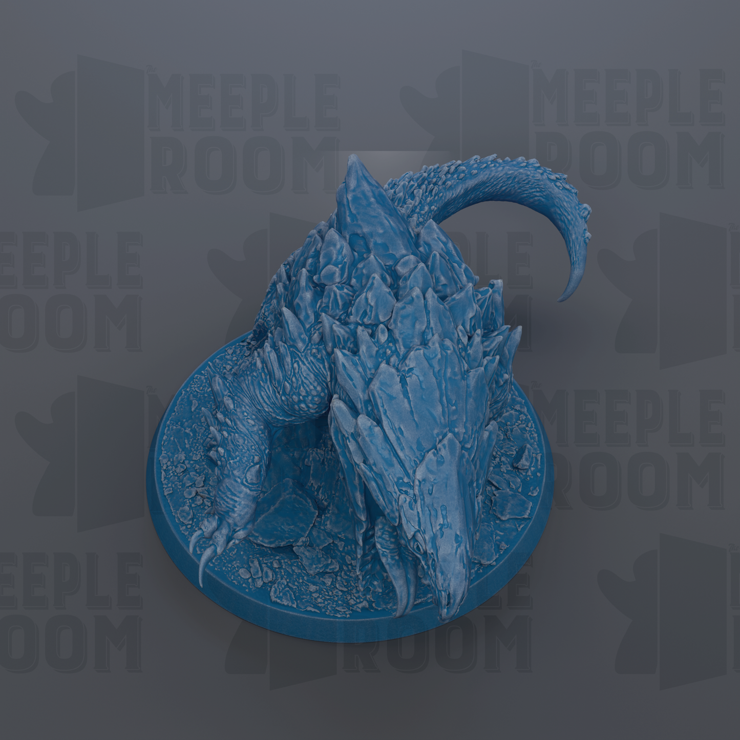 A 3D rendering of a blue, rocky-looking creature with sharp teeth, standing on a circular base.