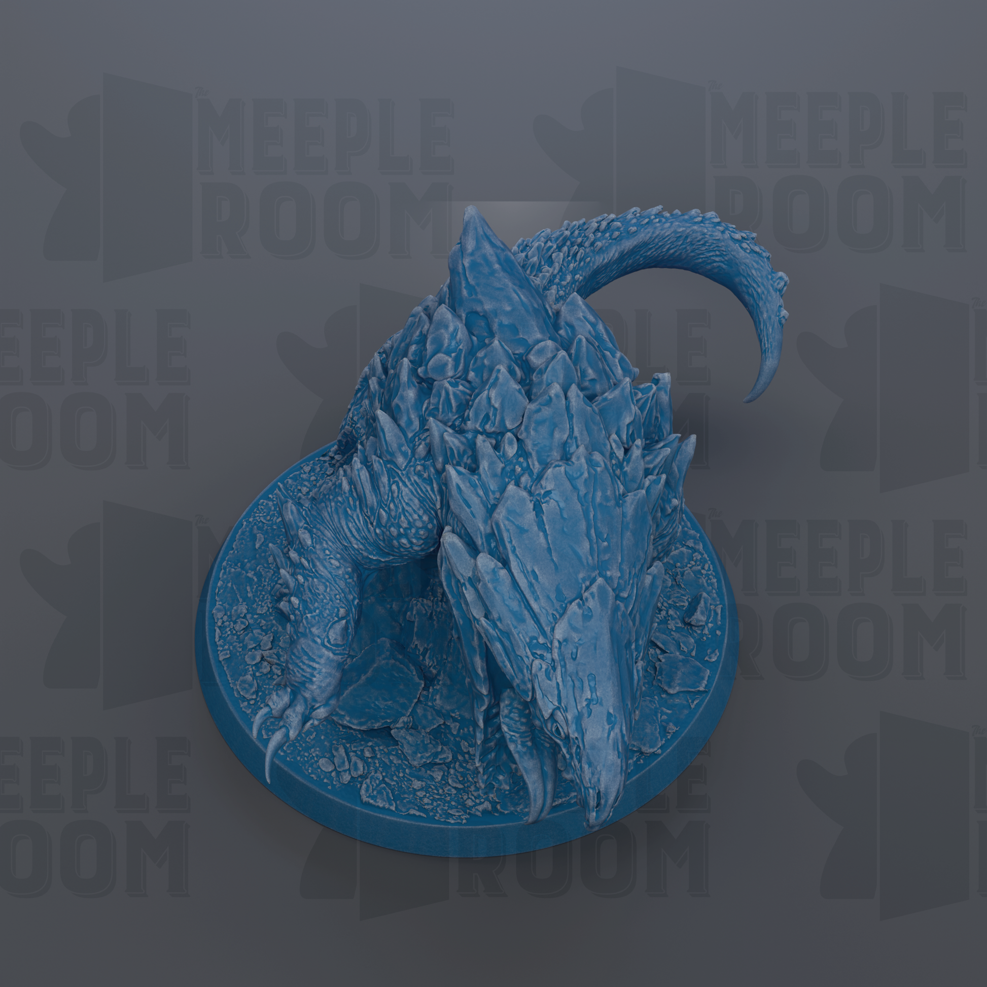A 3D rendering of a blue, rocky-looking creature with sharp teeth, standing on a circular base.