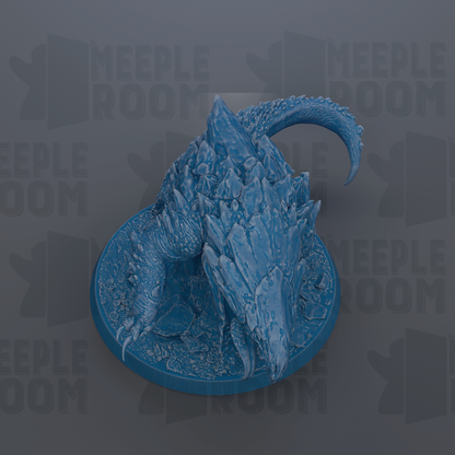 A 3D rendering of a blue, rocky-looking creature with sharp teeth, standing on a circular base.