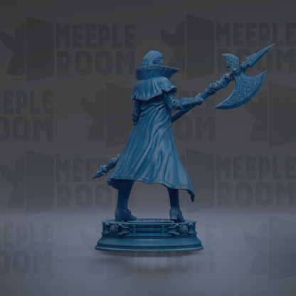 A blue statue of a person holding a large weapon, possibly a sword or spear, stands on a pedestal against a dark background with repeated text.