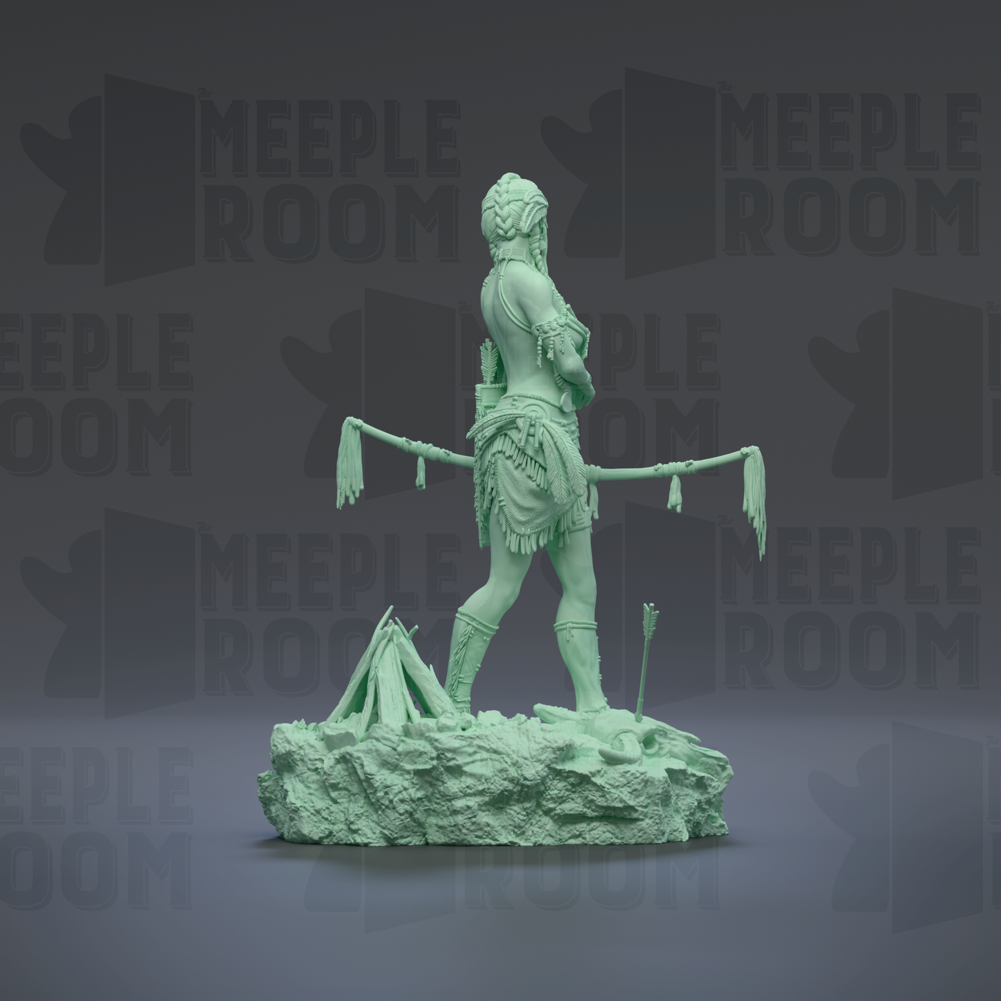 A green statue of a woman standing on a rock formation, with the text "MEUPLE ROOM" repeated in the background.