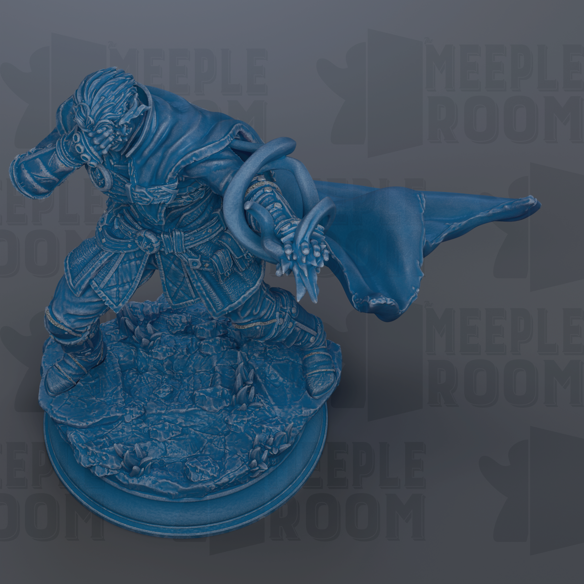 A blue figurine of a character with a cape and sword, standing on a base and appearing to be in motion.