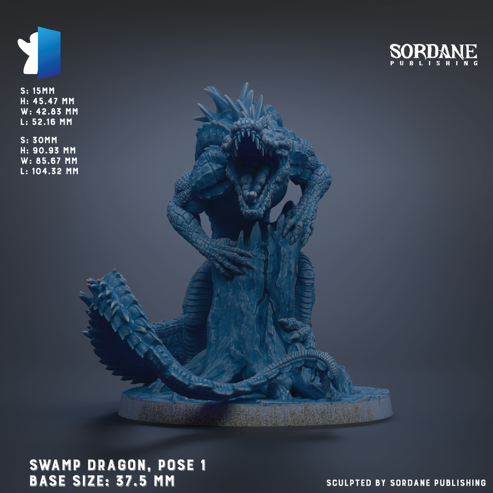 A 3D rendering of a swamp dragon statue, with the dragon's mouth open and its body coiled around a tree trunk. The base size of the statue is 37.5 mm.