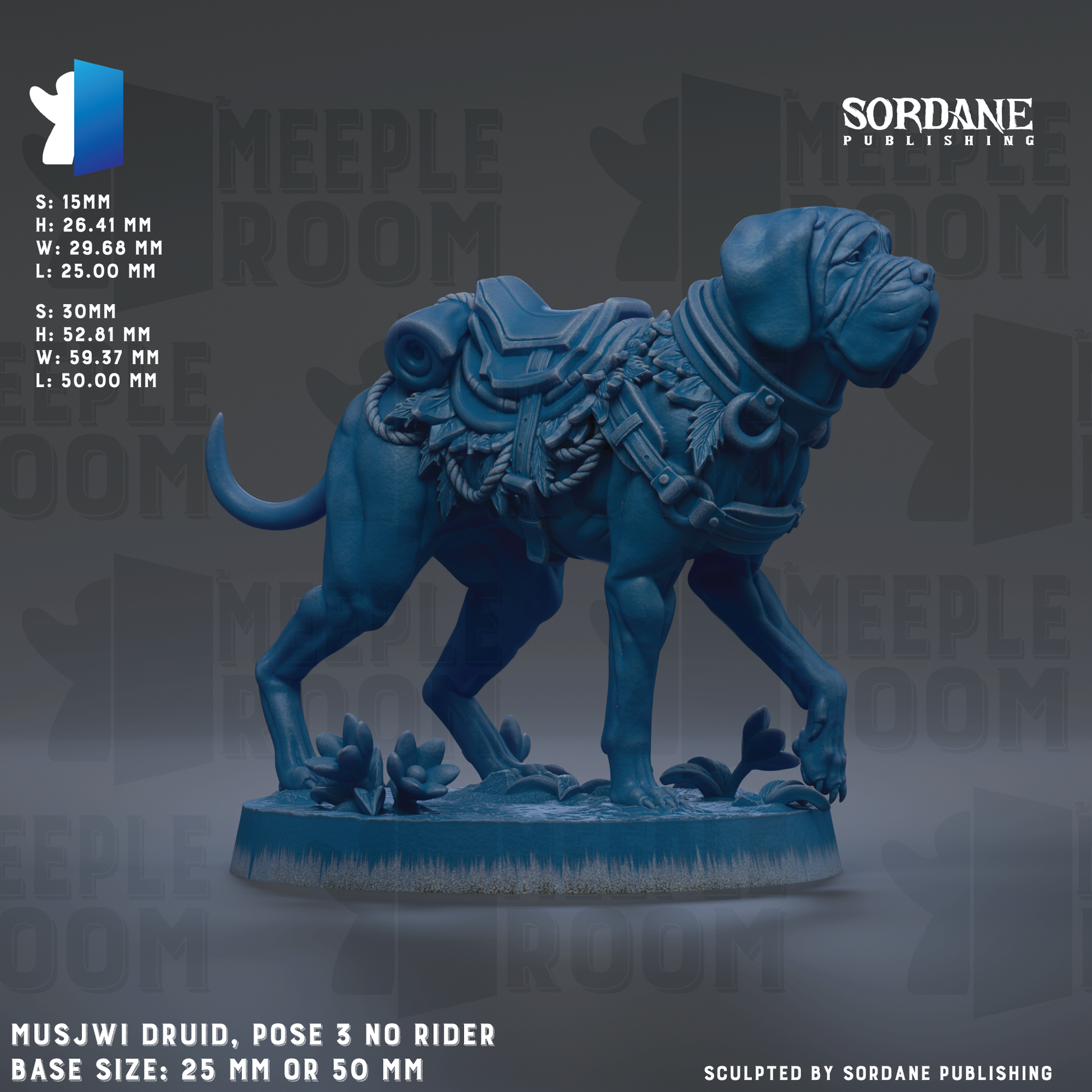 The image is a 3D rendering of a blue dog statue, specifically a MusiJwi Druid, which is a type of fantasy creature. The statue is posed with a saddle on its back, indicating that it is a riderless creature. The statue is displayed on a base that is either 25 mm or 50 mm in size. The image is a collage of multiple images, and it is published by Sordane Publishing.