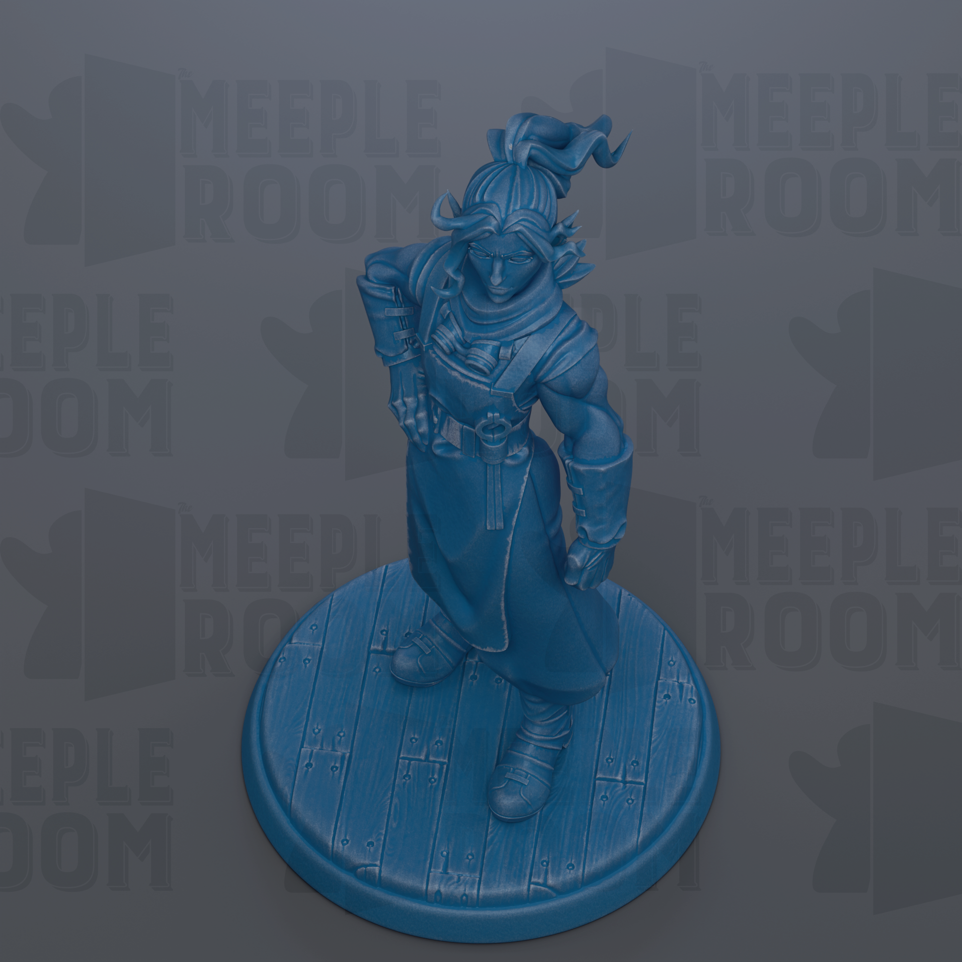 A blue figurine of a person standing on a wooden base, with the text "MEIPLLE ROOM" repeated in the background.