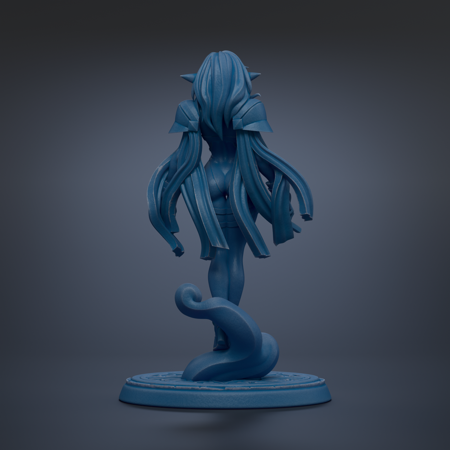 A 3D rendering of a female figure with long, flowing hair and a dark, mysterious appearance, standing on a platform with a curved base.