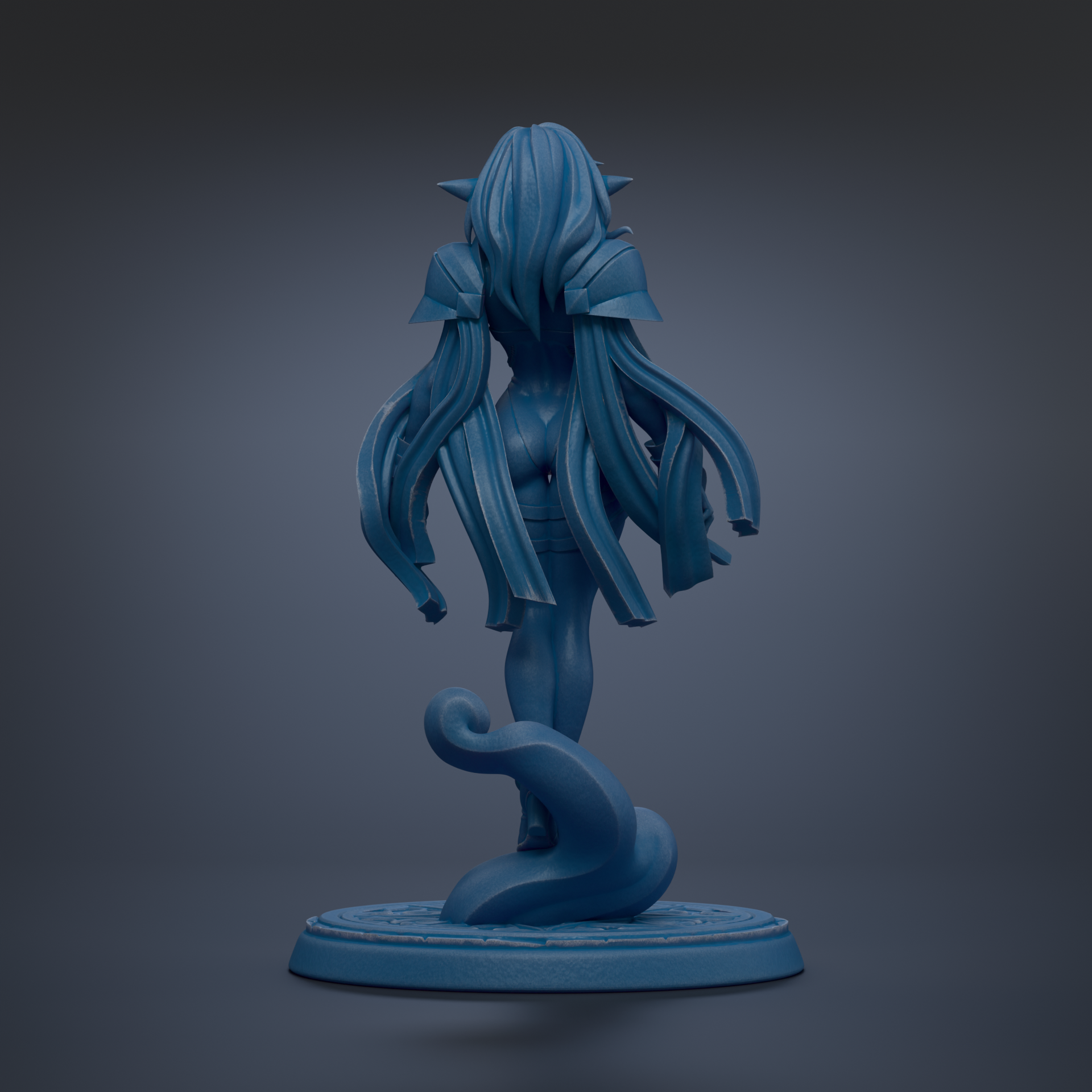 A 3D rendering of a female figure with long, flowing hair and a dark, mysterious appearance, standing on a platform with a curved base.