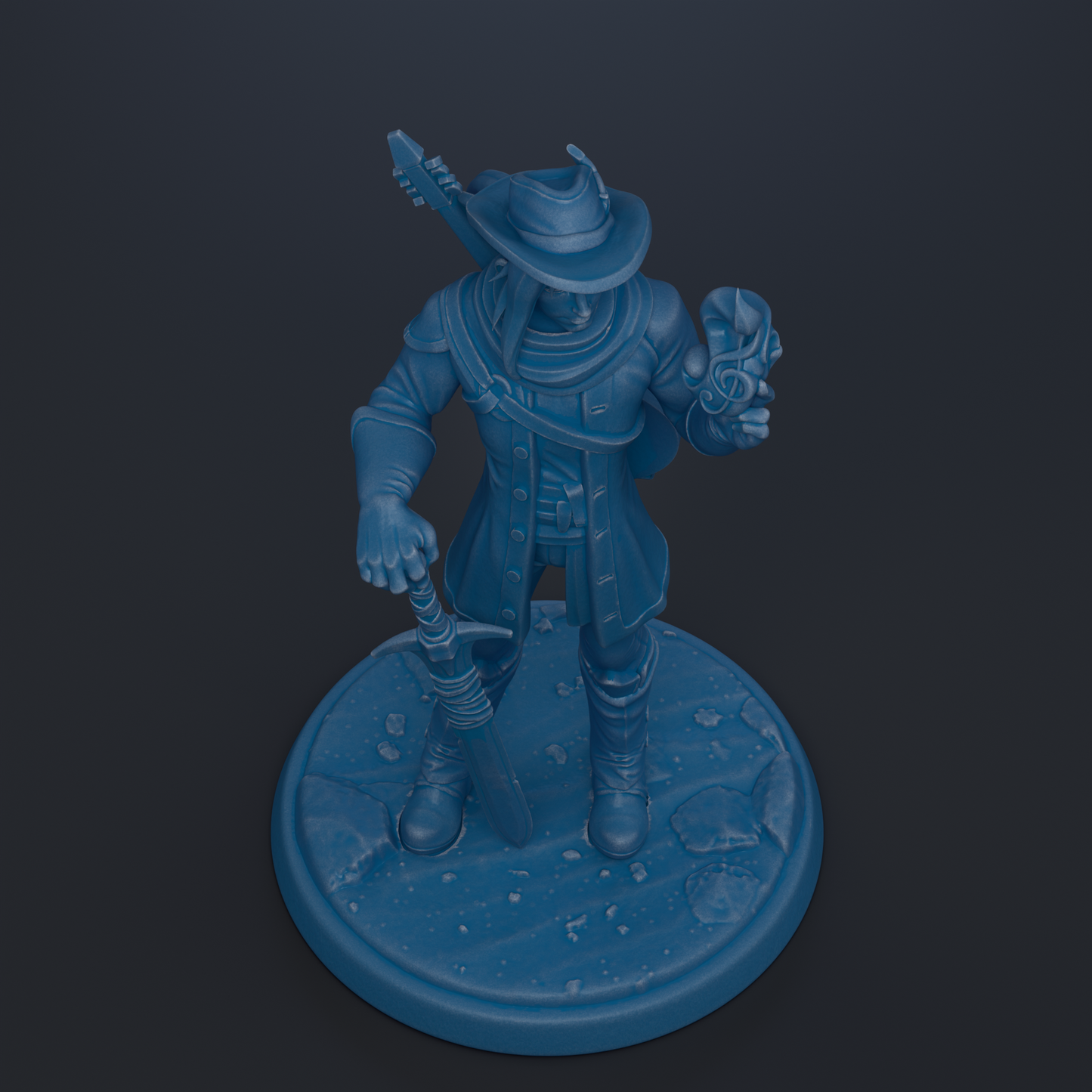 A blue figurine of a person holding a sword and shield, standing on a circular base.