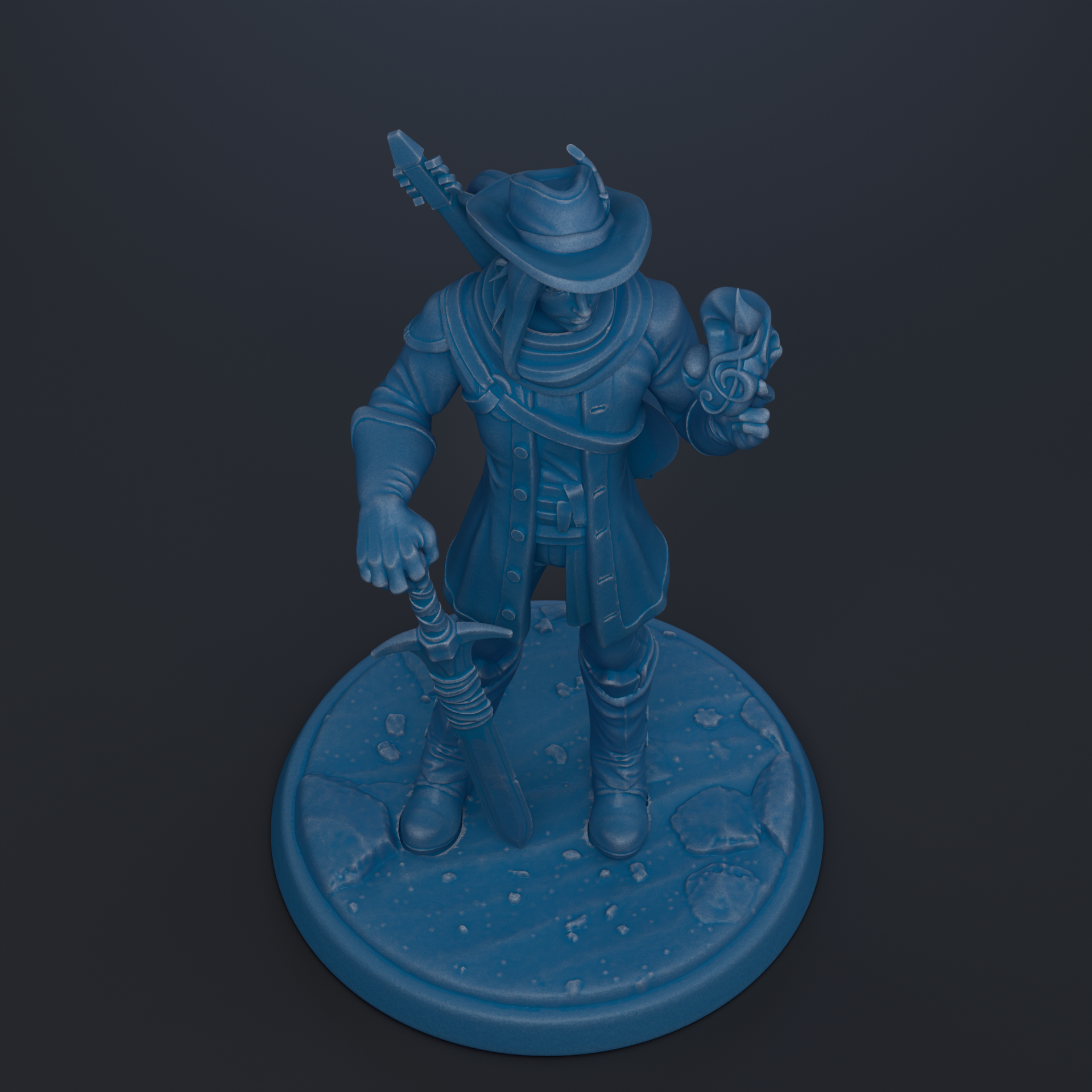 A blue figurine of a person holding a sword and shield, standing on a circular base.