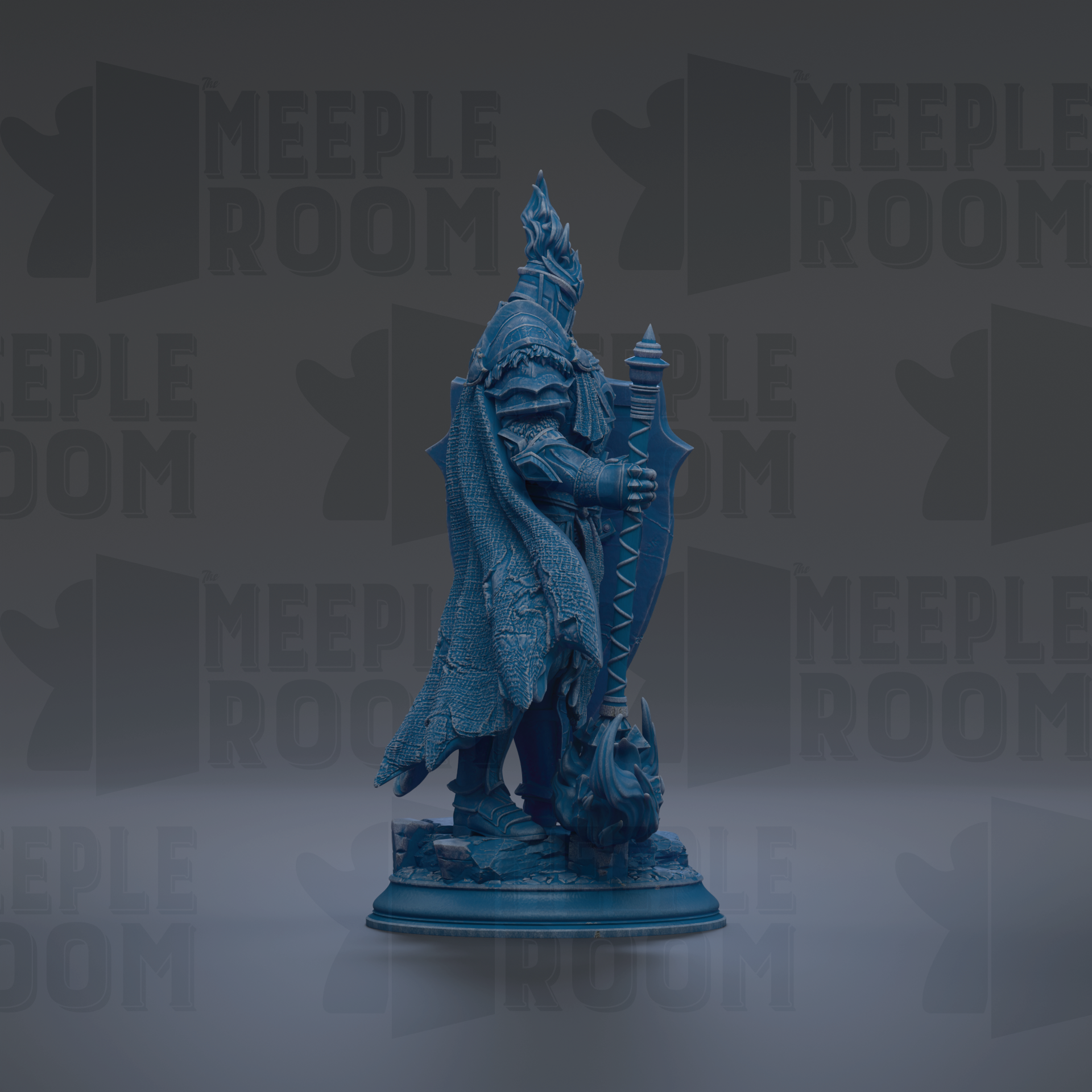 A blue statue of a warrior figure holding a shield and sword, standing on a pedestal against a dark background with repeated text.