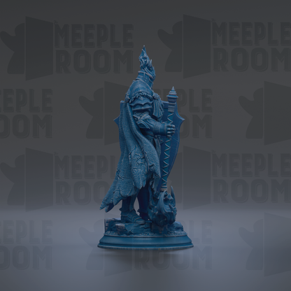 A blue statue of a warrior figure holding a shield and sword, standing on a pedestal against a dark background with repeated text.