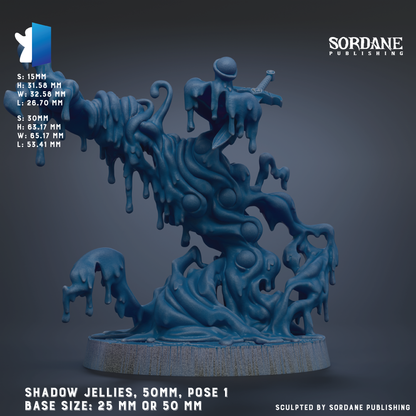 The image is a 3D rendering of a figurine in a blue, liquid-like material, with a textured surface and a dripping, dripping effect. The figurine appears to be a sculpture or model, and the image is described as a "Shadow Jellies" with a 50mm pose. The base size of the sculpture is either 25mm or 50mm. The image is published by Sordane Publishing.