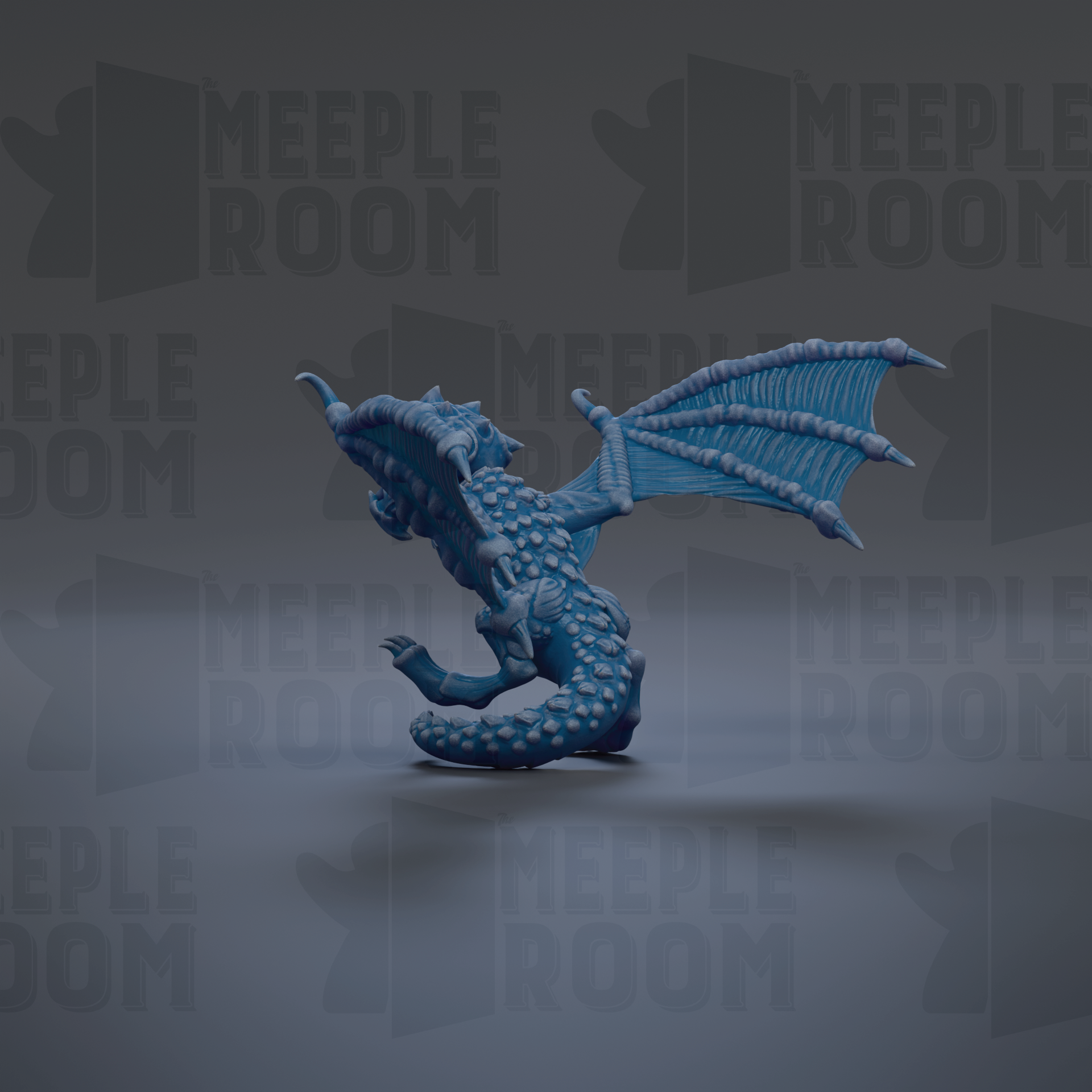 A 3D model of a blue dragon-like creature with large wings and sharp teeth, set against a dark background with repeated text.