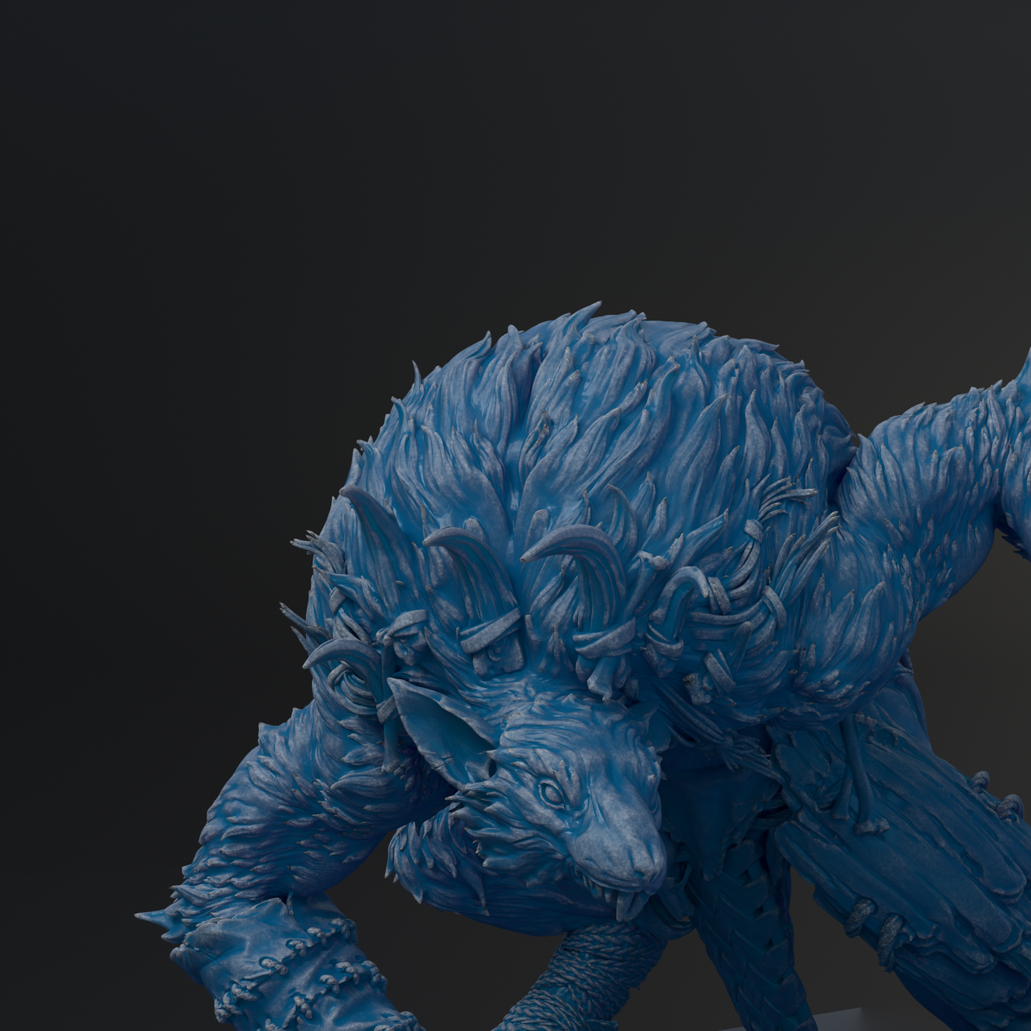 A detailed 3D rendering of a fantastical creature with a large head, sharp teeth, and a long snout, set against a dark background.