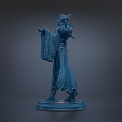 A blue statue of a figure with outstretched arms, standing on a platform.