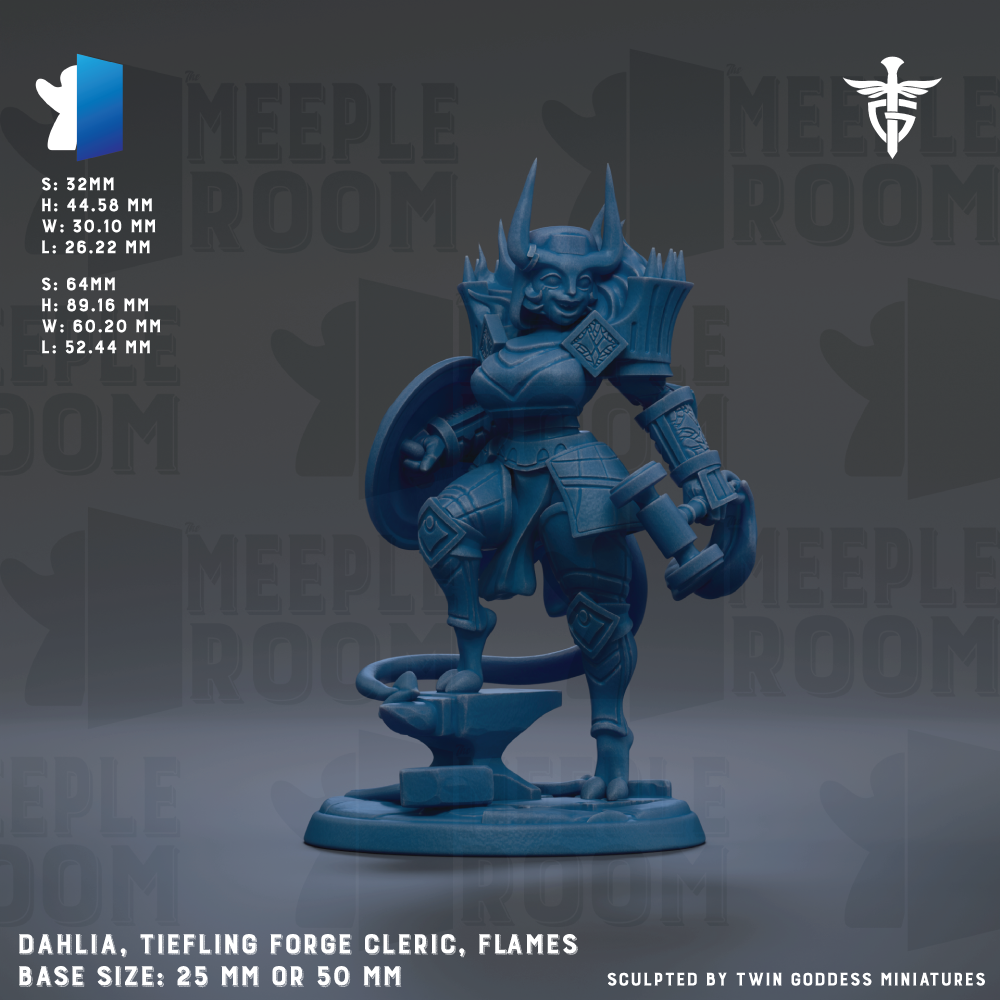 a detailed figurine of a warrior character, specifically a Tiefling Forge Cleric, with a blue color scheme. The figurine is standing on a base and is described as a 25mm or 50mm size. The image is a collage of various images, and it is not a single image but a collection of images that together depict the warrior character. The image does not contain any text, and the focus is on the warrior character and its details.