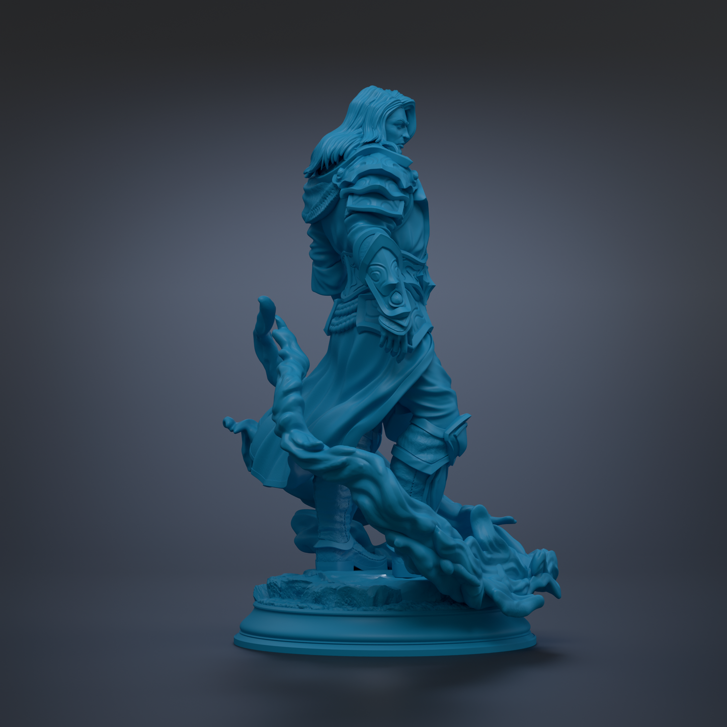 A blue statue of a person standing on a pedestal, with a flowing cape and a sword in their hand.