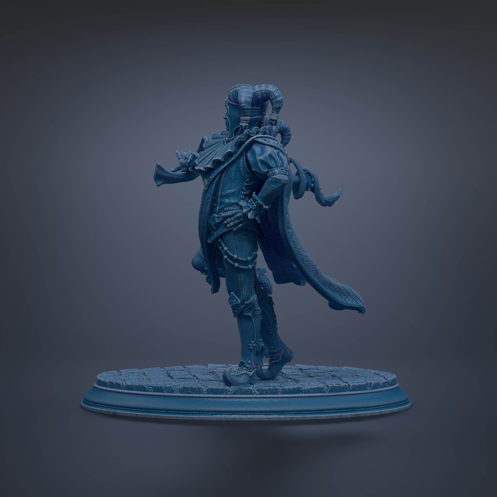 A dark blue statue of a figure with horns and a flowing cape stands on a blue platform against a dark background.