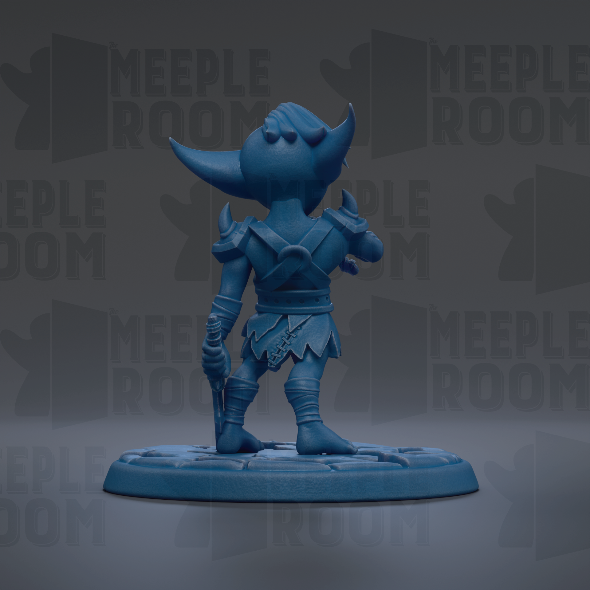 A blue figurine of a character with horns and a sword, standing on a platform against a dark background with repeated text.