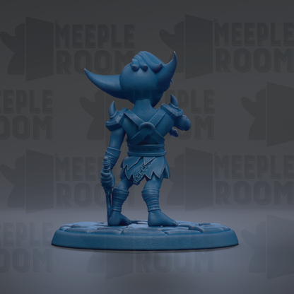 A blue figurine of a character with horns and a sword, standing on a platform against a dark background with repeated text.