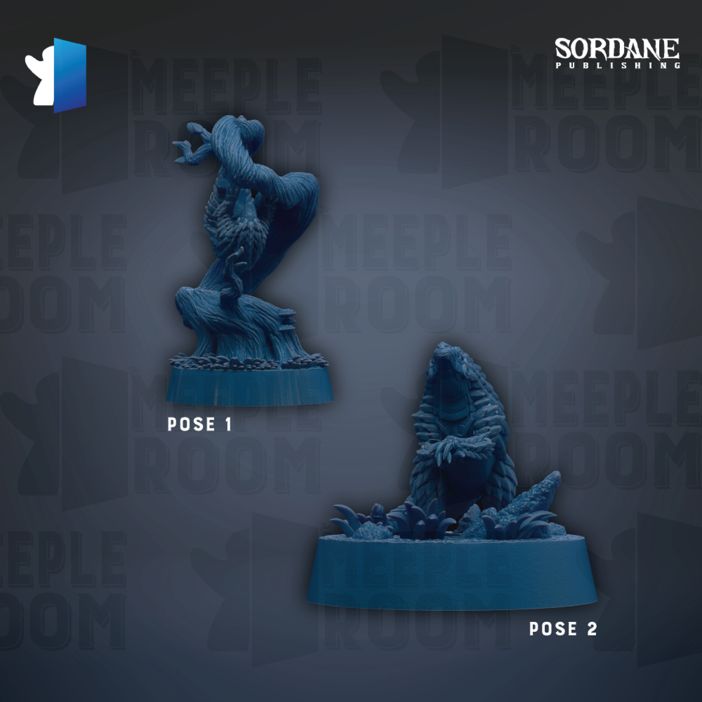 two blue figurines, one standing and one sitting, against a dark background with repeated text.