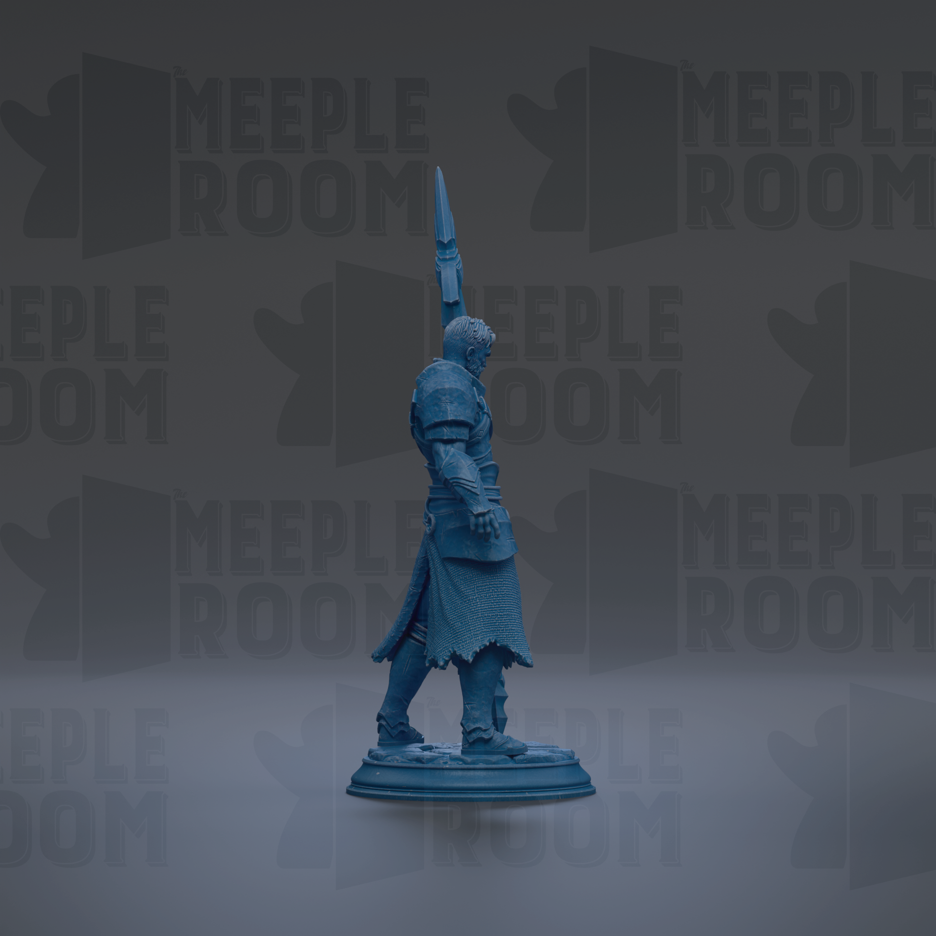 A blue statue of a person standing on a pedestal against a dark background with repeated text.