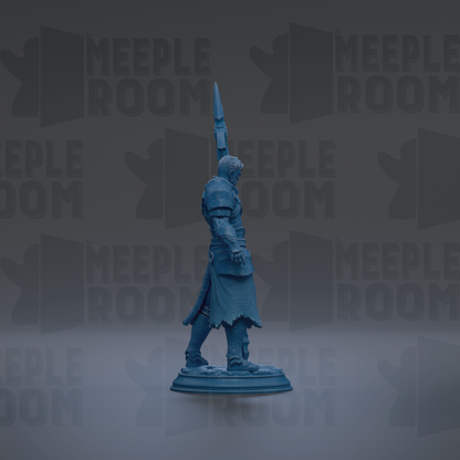 A blue statue of a person standing on a pedestal against a dark background with repeated text.