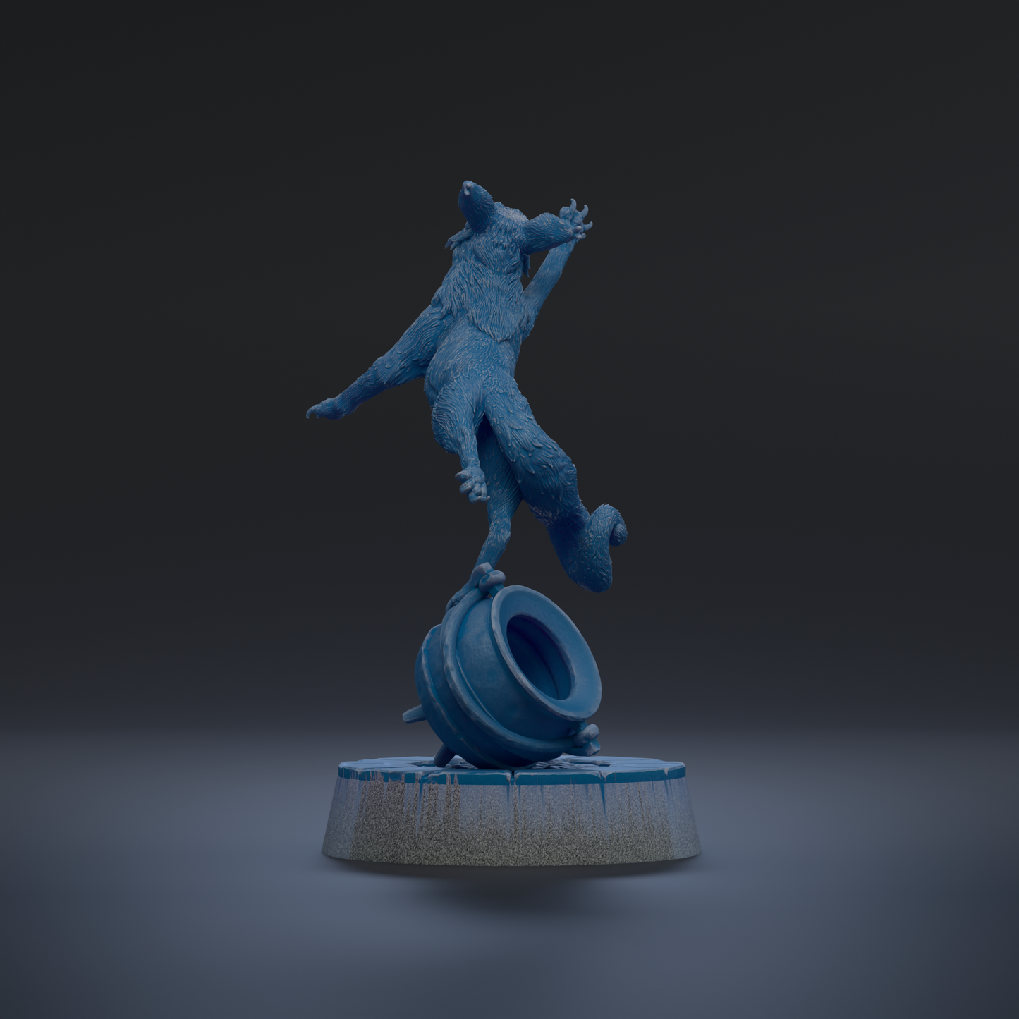 A blue, 3D-rendered statue of a dog in a dynamic pose, standing on a platform.