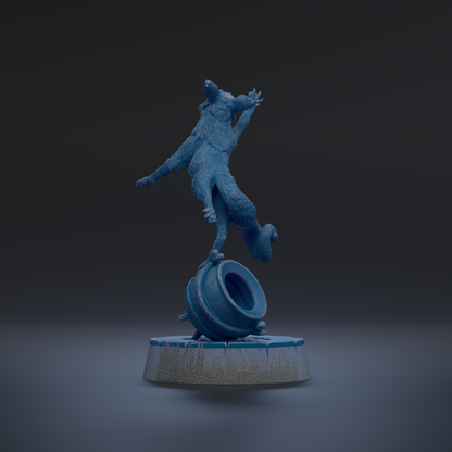 A blue, 3D-rendered statue of a dog in a dynamic pose, standing on a platform.