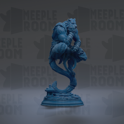 A blue statue of a dragon-like creature with a fierce expression, standing on a pedestal against a dark background with repeated text.