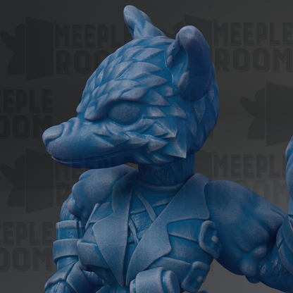 A close-up of a blue, textured statue of a creature resembling a wolf or a similar animal.