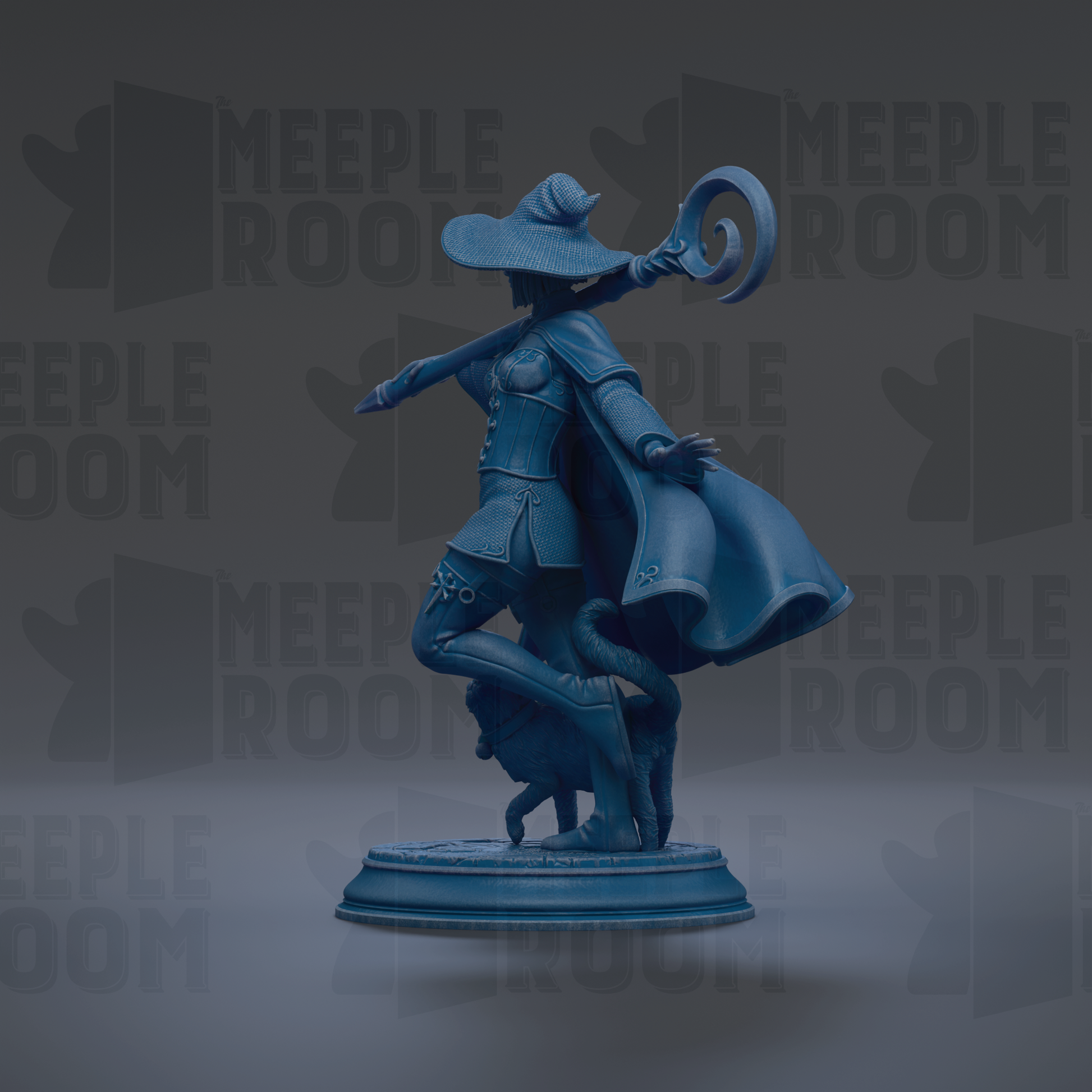 A blue statue of a woman with a pointed hat and a staff, standing on a pedestal.