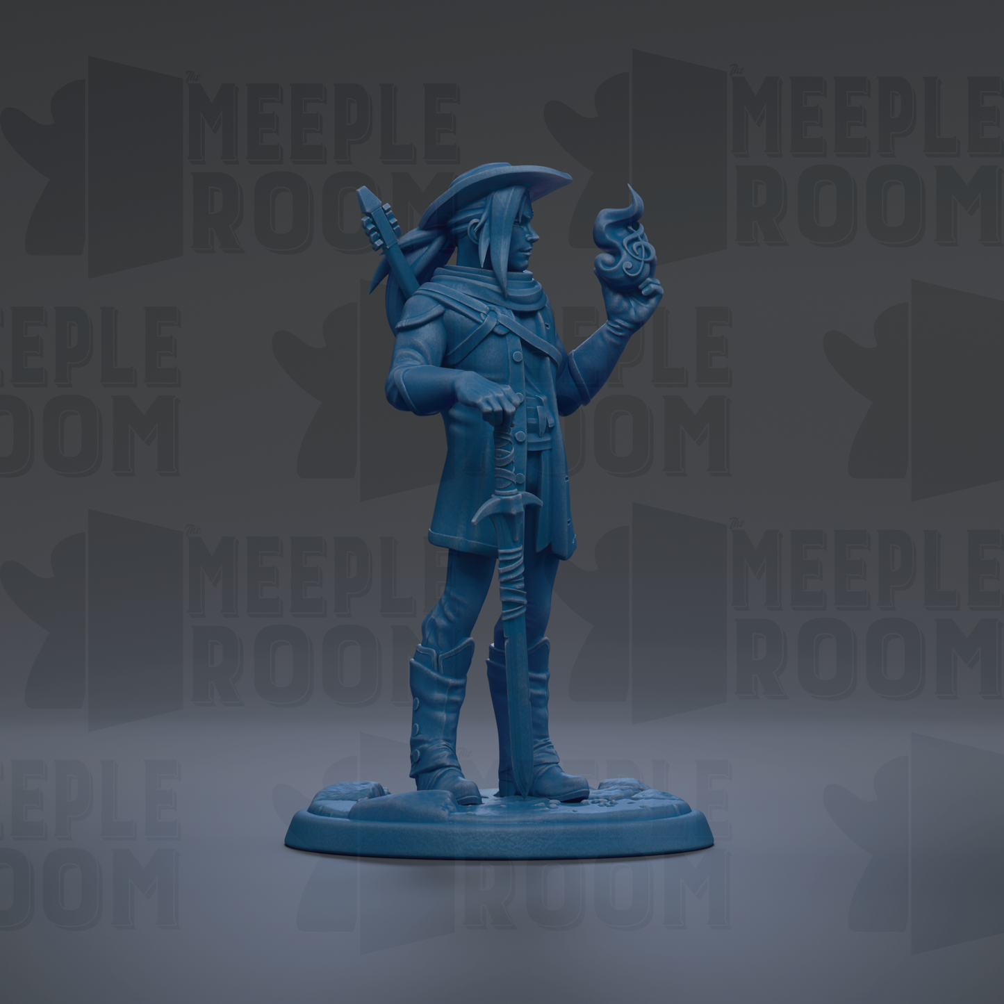 A blue figurine of a person holding a staff and a flame, standing on a base.
