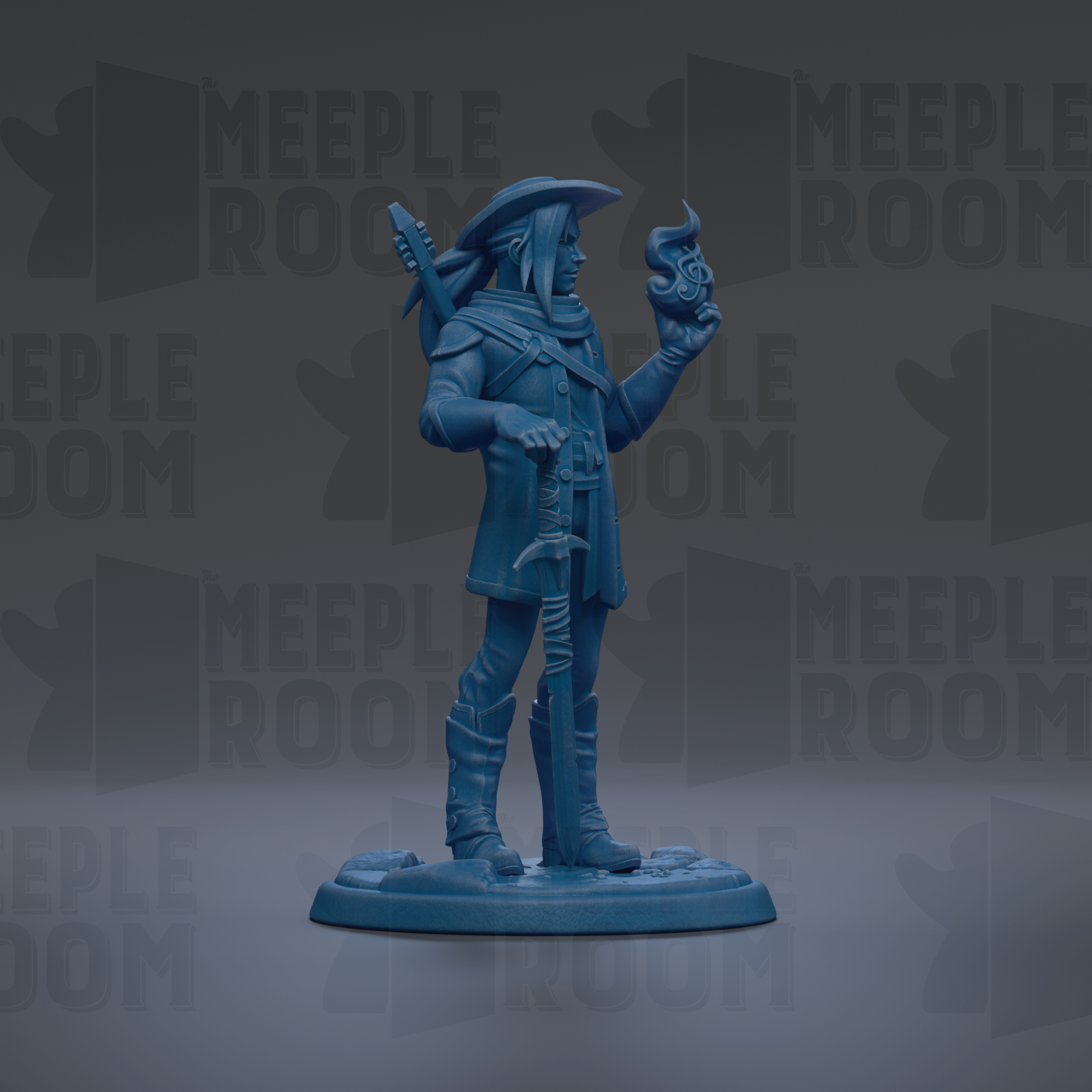 A blue figurine of a person holding a staff and a flame, standing on a base.