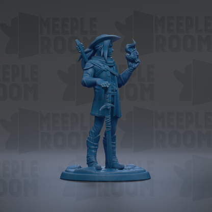 A blue figurine of a person holding a staff and a flame, standing on a base.