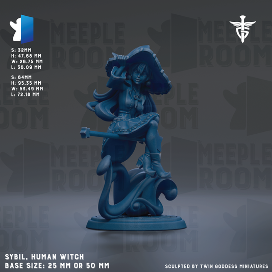 The image is a 3D rendering of a blue human witch figurine, with the base size being either 25mm or 50mm. The figurine is shown in a dynamic pose, with a large hat and a flowing skirt. The background features the text "MEIPLE ROOM" repeated multiple times, suggesting the figurine is part of a larger collection or series.