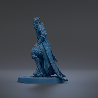 A blue statue of a person standing on a platform.