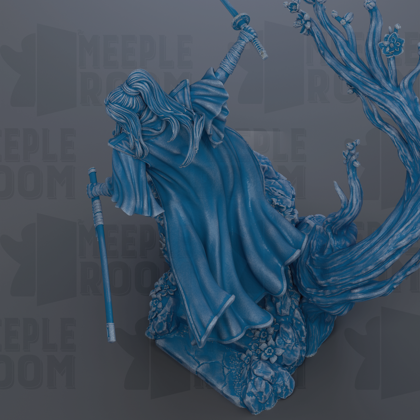 A blue statue of a figure holding a sword and shield, with flowing robes and a flowing cape, set against a dark background with repeated text.