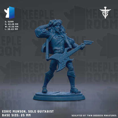 A figurine of a man playing a guitar, wearing a blue outfit and holding the guitar in his hands.
